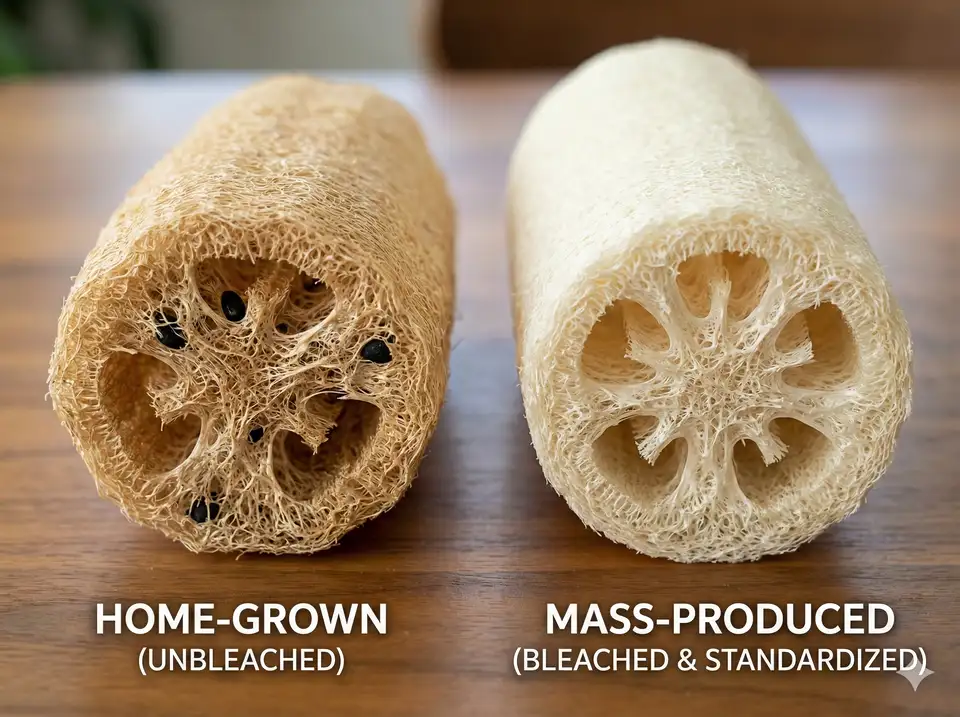 Macro comparison of homegrown vs commercial loofah fiber quality
