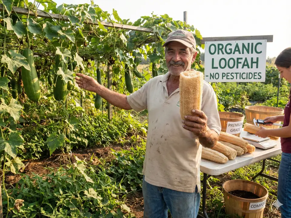 Farmer in loofah field demonstrating organic methods, quality control, knowing source of product