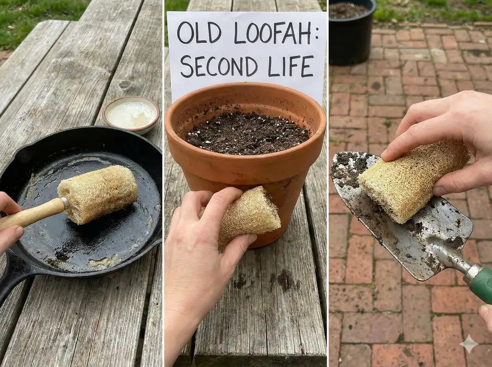 Worn bath loofah being repurposed for garden or cleaning tasks