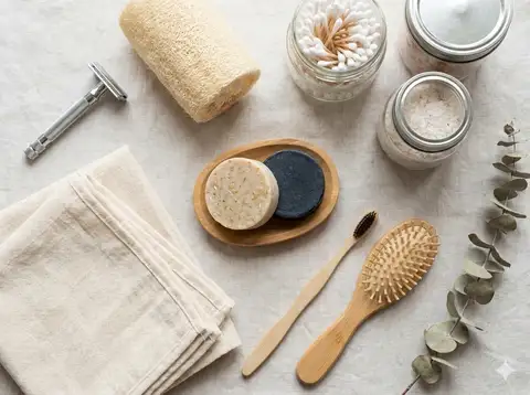 Collection of reusable zero-waste bathroom items with loofah