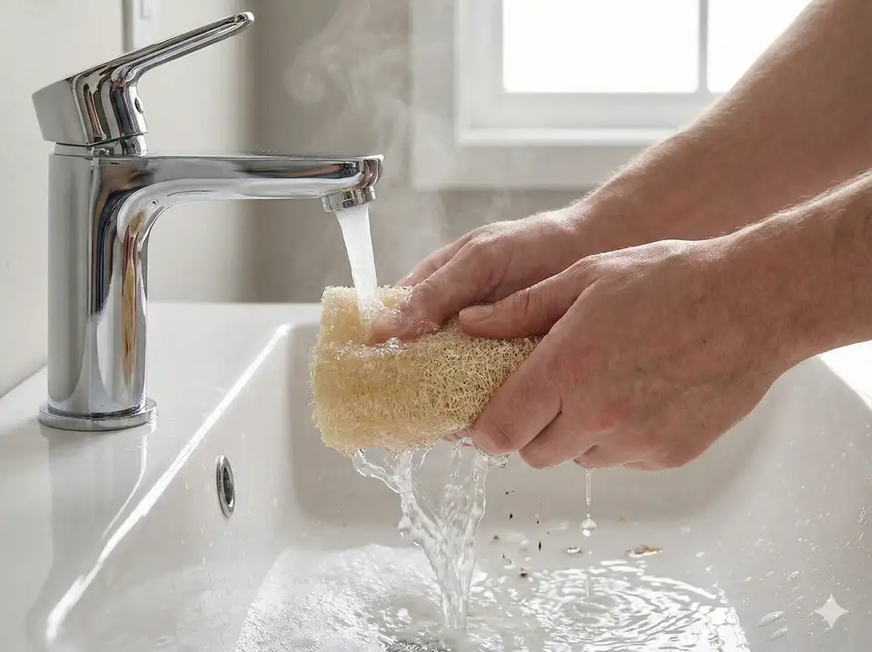 Hands squeezing soapy loofah under faucet with water running clear removing soap residue