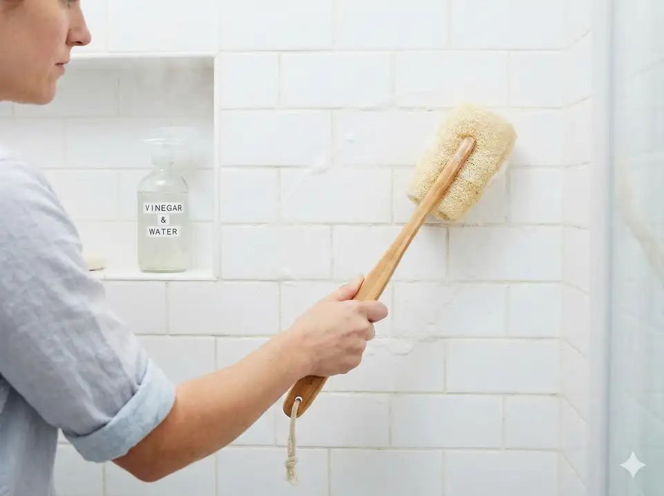 Scrubbing shower tiles or walls with loofah on long handle