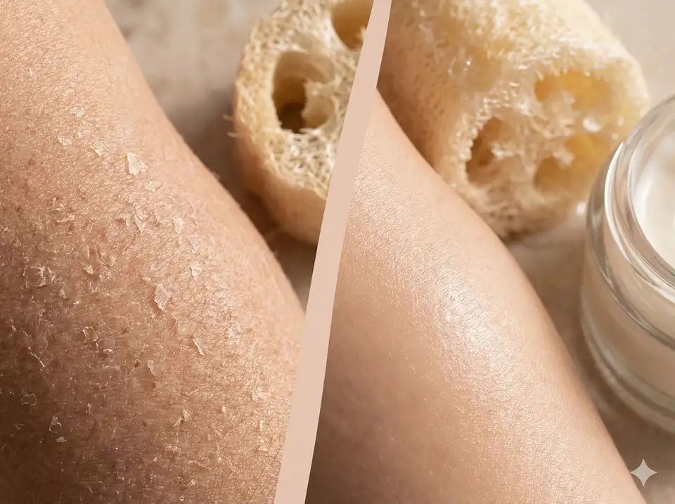 Before and after comparison showing rough skin texture versus smooth refined skin after regular loofah use