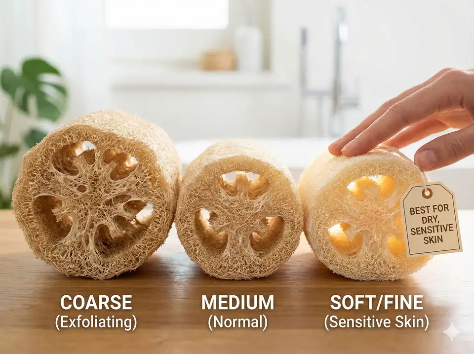 Comparing loofah textures - choosing softer variety for sensitive dry skin