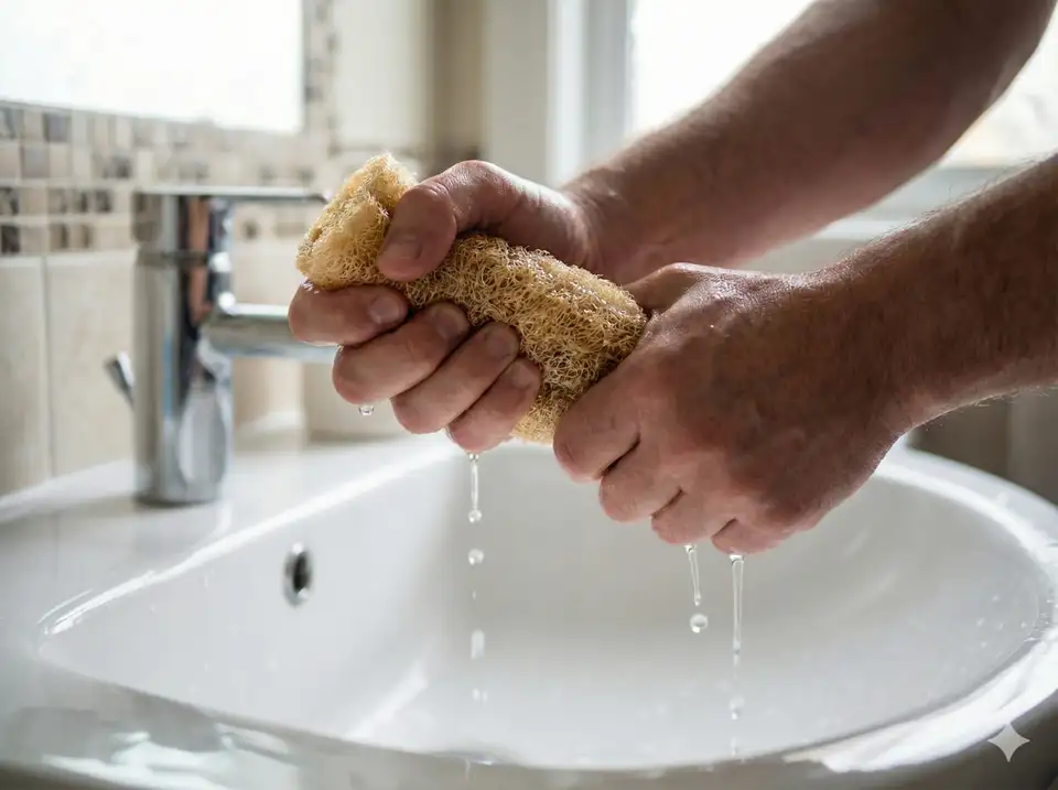Close-up of hands firmly squeezing loofah over sink with water dripping out