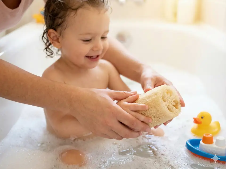Close supervision of toddler or young child using loofah with parent's hands guiding for safety