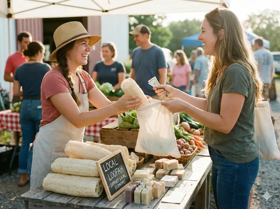 Friendly transaction between local loofah grower and customer at farm stand or market, supporting local economy