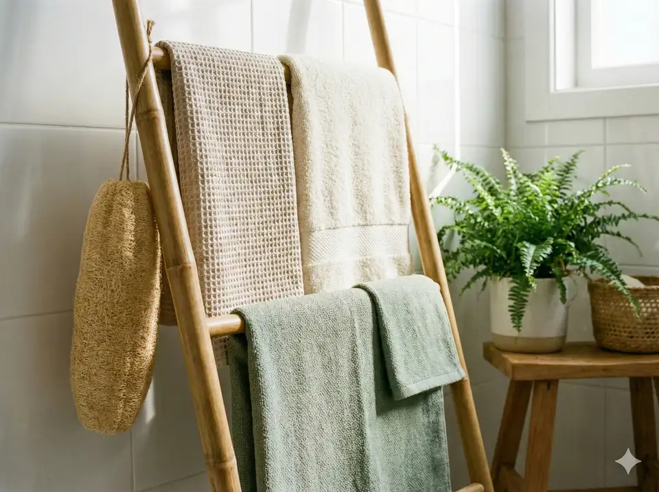 Organic cotton or linen towels with natural loofah in eco-bathroom