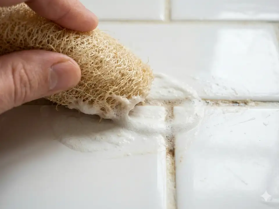 Detail of loofah scrubbing tile grout lines