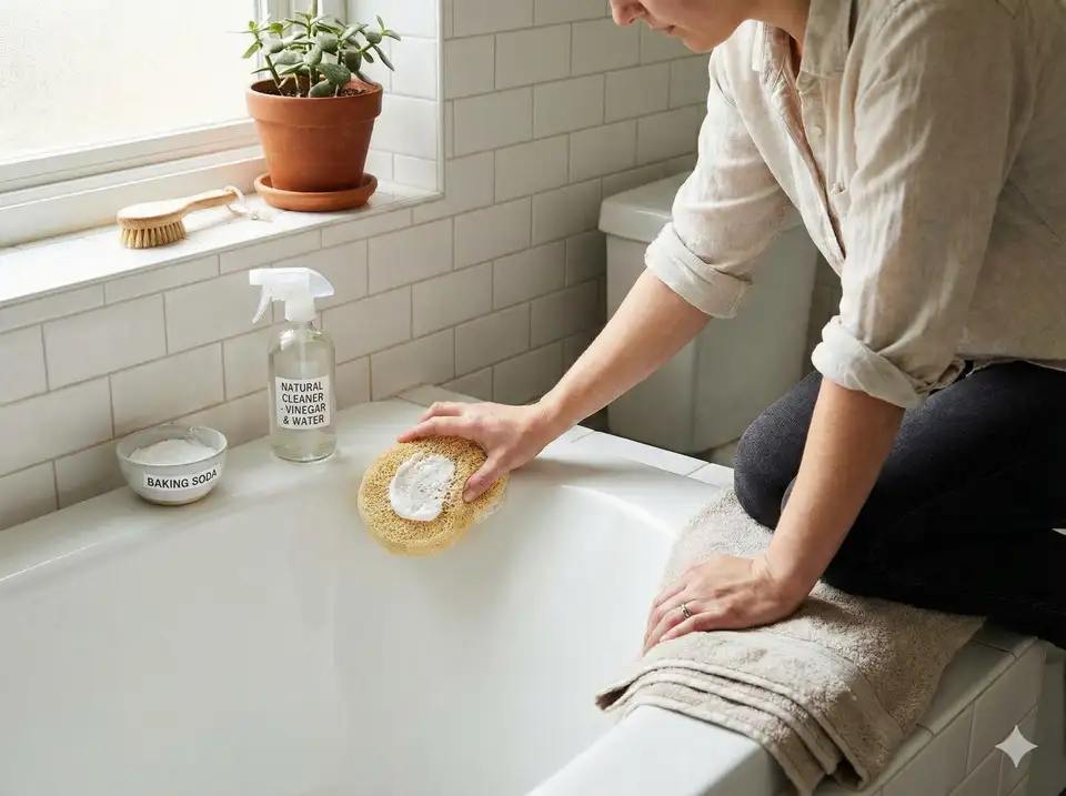 Scrubbing bathtub with loofah to remove soap scum and residue