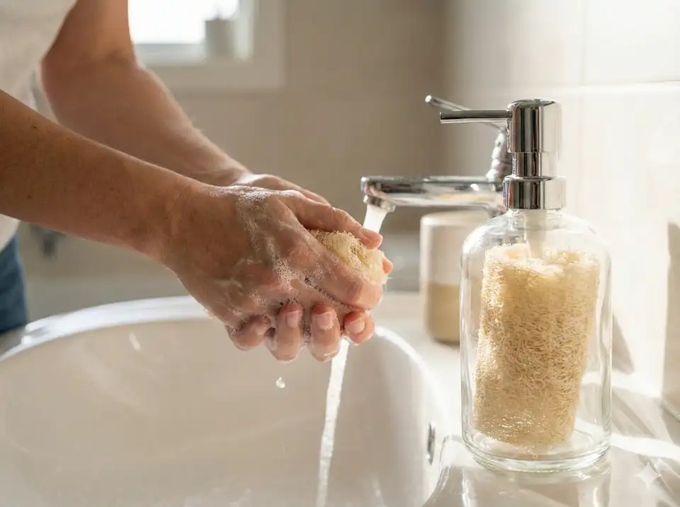 Wet hands using soap from loofah dispenser at sink