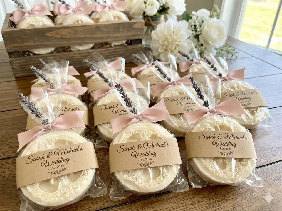 Elegant loofah wedding shower favors with decorative ribbons and custom tags