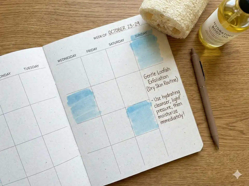 Calendar showing recommended 2x weekly exfoliation schedule for dry skin