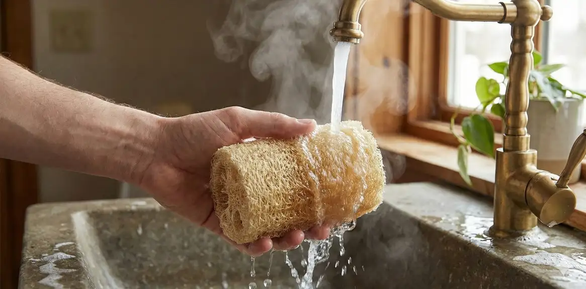 Softening dry loofah under running water