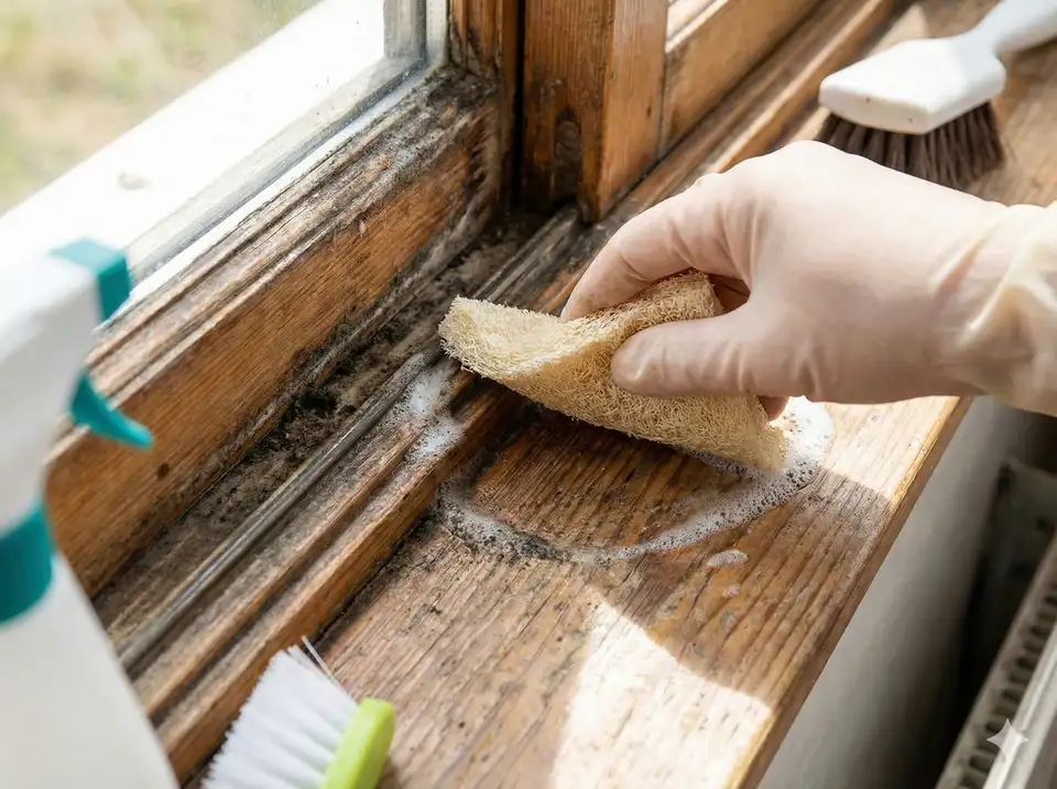 Using small loofah piece for window sills and tight spaces