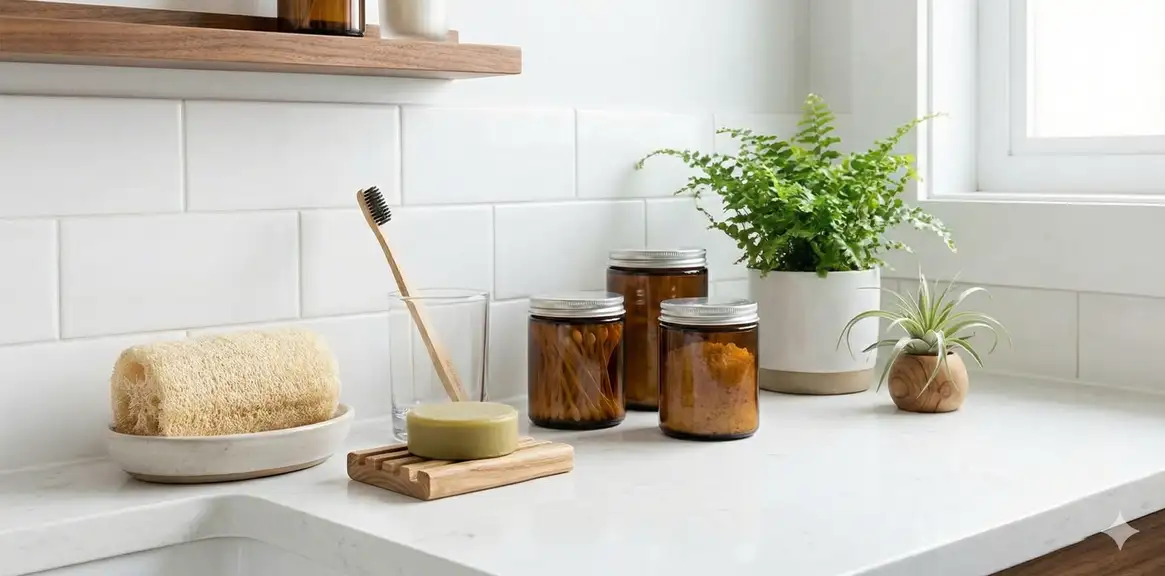 Complete zero-waste bathroom setup featuring loofah and sustainable products