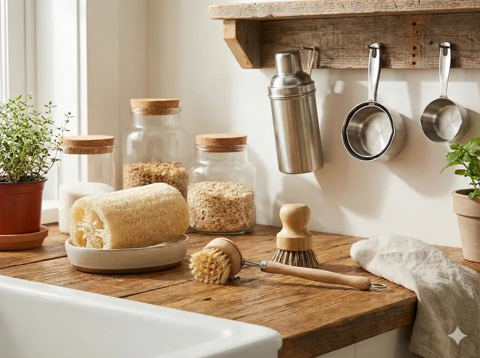 Plastic-free kitchen featuring loofah scrubbers and sustainable tools